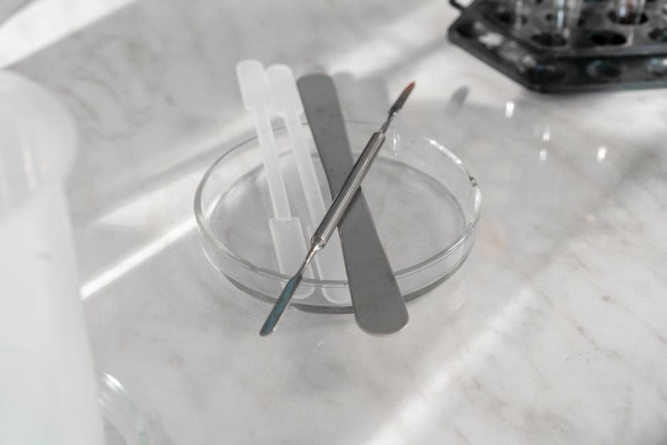 A detailed close-up of various laboratory tools placed on a glass plate, ideal for scientific research themes.